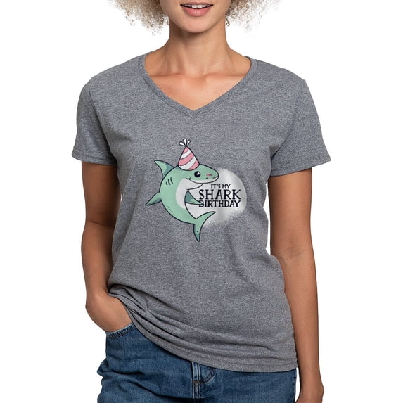 CafePress - Shark Birthday T Shirt - Women's V-Neck Dark T-Shirt