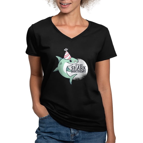 CafePress - Shark Birthday T Shirt - Women's V-Neck Dark T-Shirt