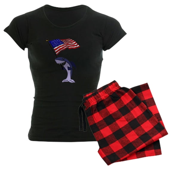 CafePress - Shark With American Flag Pajamas - Women's Short Sleeve Print T-Shirt and Pants Dark Cotton Pajama Set