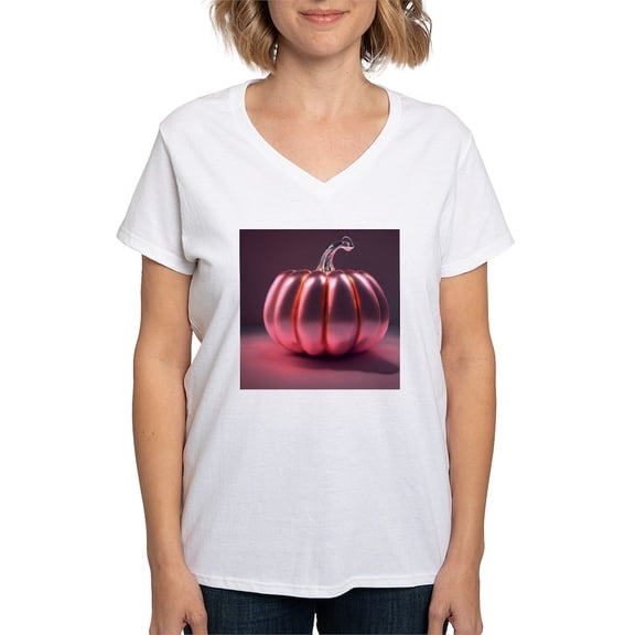 CafePress - Shiny Pink Pumpkin Women's V Neck T Shirt - Womens Cotton V-Neck T-shirt