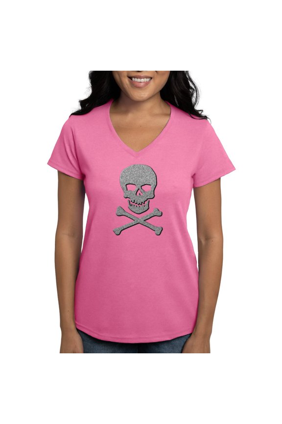 - Silver Glitter Skull & Crossbones Women's V Neck T Shirt - Women's V-Neck Dark T-Shirt