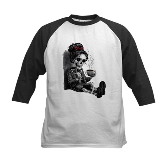 CafePress - Sitting And Holding A Steaming Cup Of Coffee Kids Baseball T Shirt - Kids Cotton Baseball Jersey, 3/4 Sleeve Shirt
