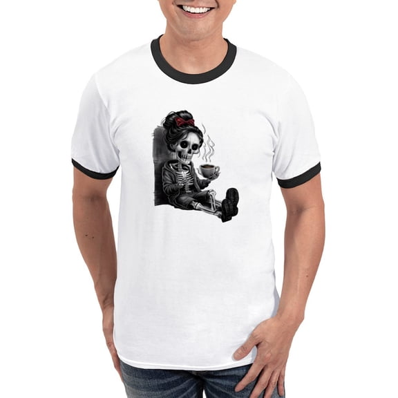 CafePress - Sitting And Holding A Steaming Cup Of Coffee Men's Ringer T Shirt - 100% Cotton Ringed T-Shirt