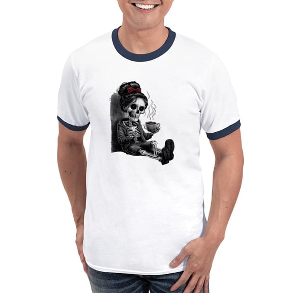 CafePress - Sitting And Holding A Steaming Cup Of Coffee Men's Ringer T Shirt - 100% Cotton Ringed T-Shirt