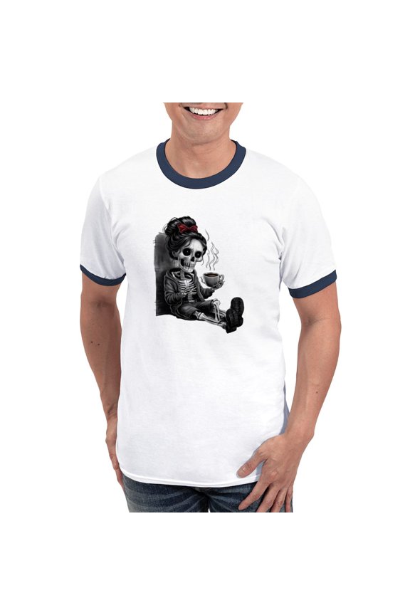 - Sitting And Holding A Steaming Cup Of Coffee Men's Ringer T Shirt - 100% Cotton Ringed T-Shirt