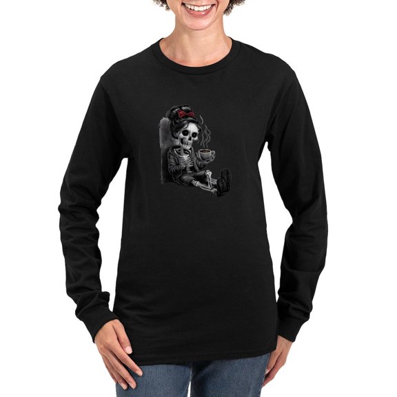 CafePress - Sitting And Holding A Steaming Cup Of Coffee Women's Long Sleeve T Shirt - Women's Long Sleeve Graphic Tee Casual Fit