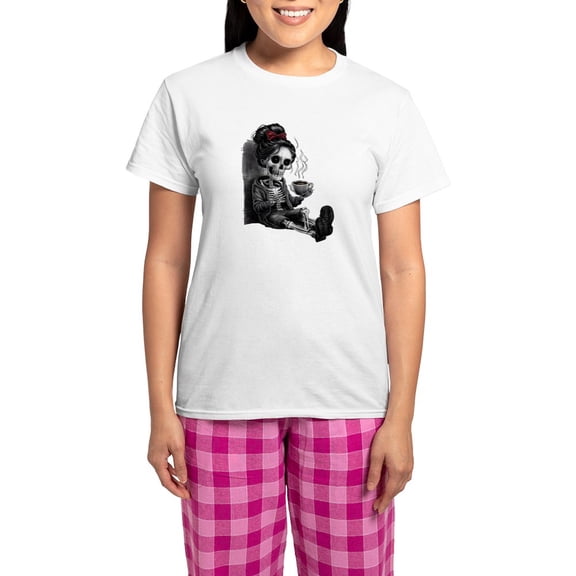 CafePress - Sitting And Holding A Steaming Cup Of Coffee - Women's Short Sleeve Print T-Shirt and Pants Light Cotton Pajama Set
