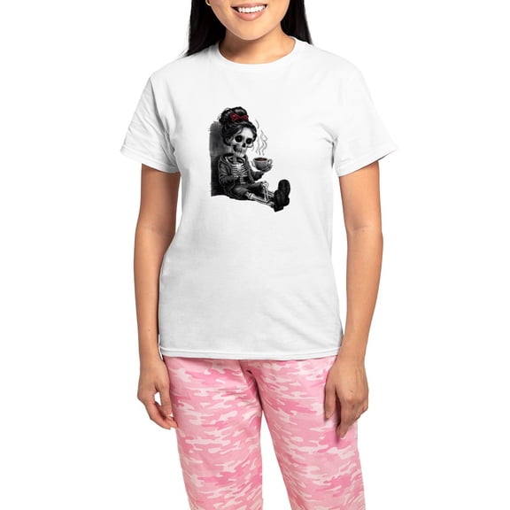 CafePress - Sitting And Holding A Steaming Cup Of Coffee - Women's Short Sleeve Print T-Shirt and Pants Light Cotton Pajama Set