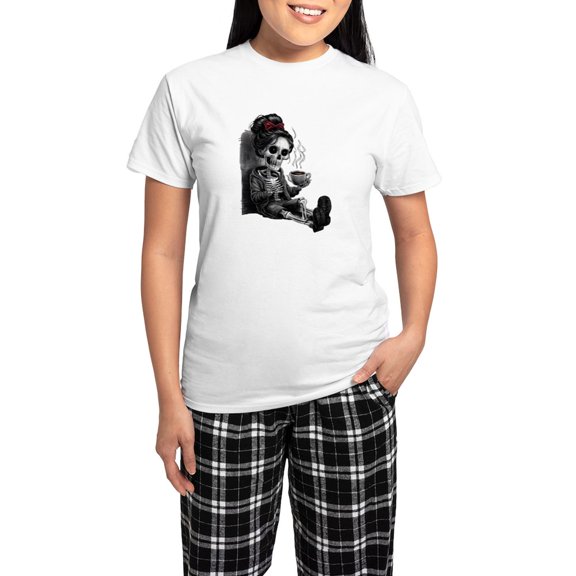 CafePress - Sitting And Holding A Steaming Cup Of Coffee - Women's Short Sleeve Print T-Shirt and Pants Light Cotton Pajama Set