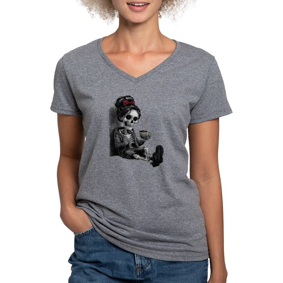 CafePress - Sitting And Holding A Steaming Cup Of Coffee Women's V Neck T Shirt - Women's V-Neck Dark T-Shirt