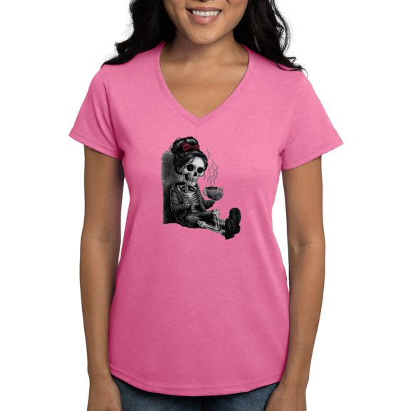 CafePress - Sitting And Holding A Steaming Cup Of Coffee Women's V Neck T Shirt - Women's V-Neck Dark T-Shirt