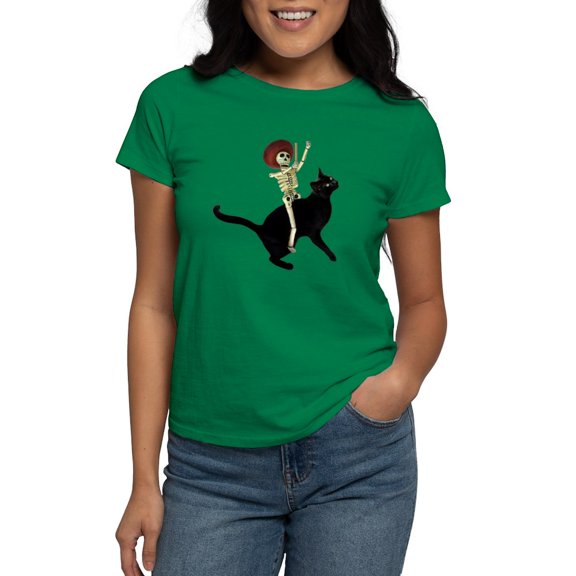 CafePress - Skeleton On Cat Women's Dark T Shirt - Women's Traditional Fit Dark T-Shirt
