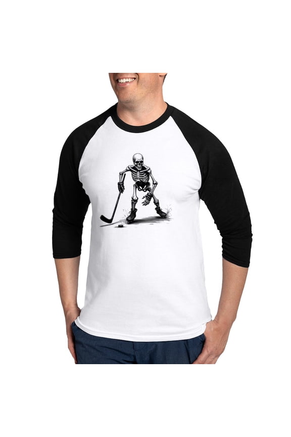 - Skeleton Playing Hockey Facing - Cotton Baseball Jersey, 3/4 Raglan Sleeve Shirt