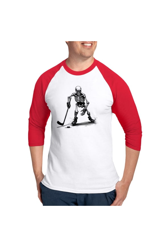 - Skeleton Playing Hockey Facing - Cotton Baseball Jersey, 3/4 Raglan Sleeve Shirt