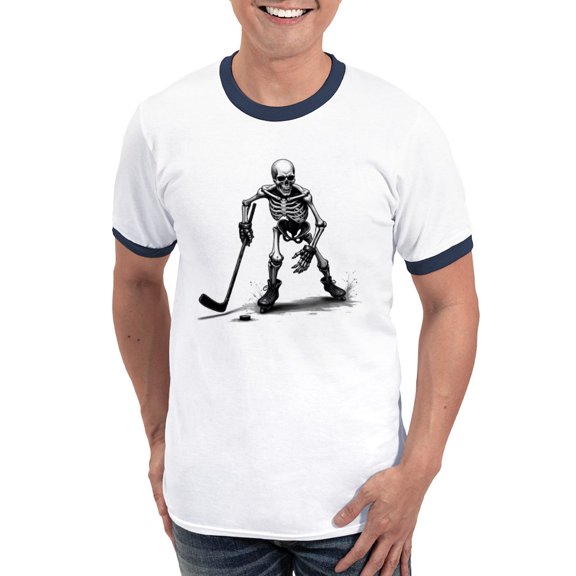 CafePress - Skeleton Playing Hockey Facing Men's Ringer T Shirt - 100% Cotton Ringed T-Shirt