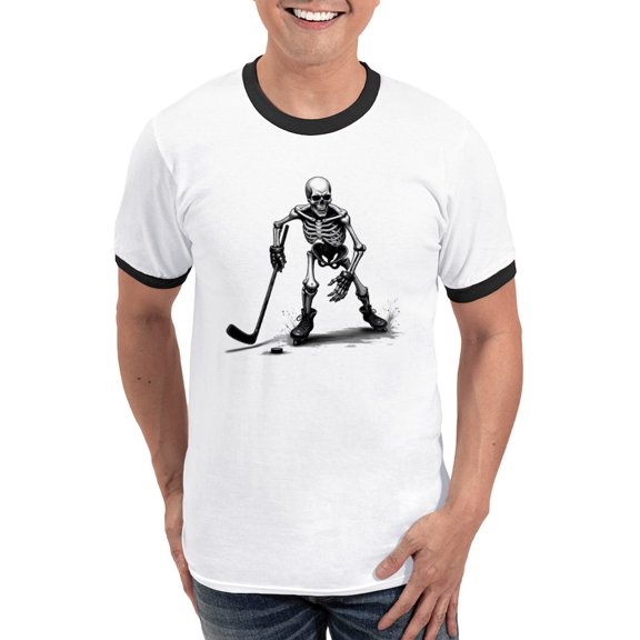 CafePress - Skeleton Playing Hockey Facing Men's Ringer T Shirt - 100% Cotton Ringed T-Shirt