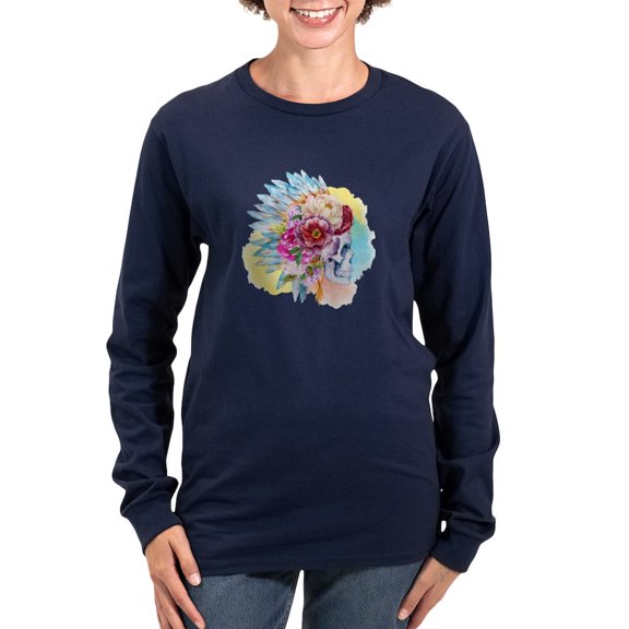 CafePress - Skull Headdress Women's Long Sleeve Dark T Shirt - Women's Long Sleeve Graphic Tee Casual Fit