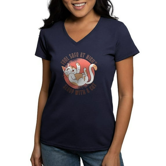 CafePress - Sleep With A Cat T Shirt - Women's V-Neck Dark T-Shirt