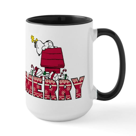 CafePress - Snoopy Merry - 15 oz Ceramic Large White Novelty Mug