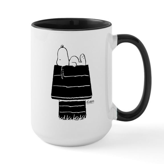 CafePress - Snoopy On House Black And - 15 oz Ceramic Large White Novelty Mug