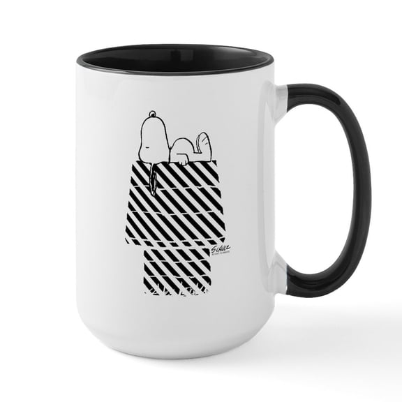 CafePress - Snoopy On House Stripe Bl - 15 oz Ceramic Large White Novelty Mug