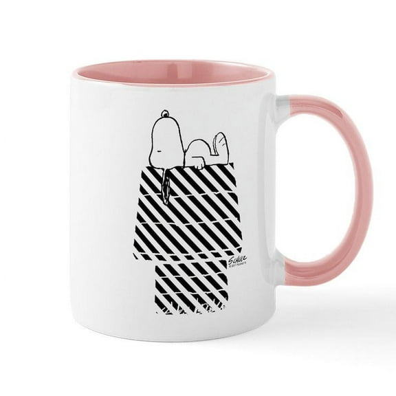 CafePress - Snoopy On House Stripe Black And - 11 oz Ceramic Mug - Novelty Coffee Tea Cup