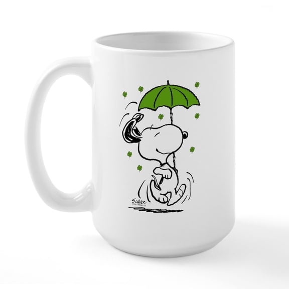 CafePress - Snoopy Raining Clovers - 15 oz Ceramic Large White Novelty Mug