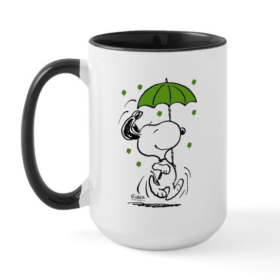CafePress - Snoopy Raining Clovers - 15 oz Ceramic Large White Novelty Mug