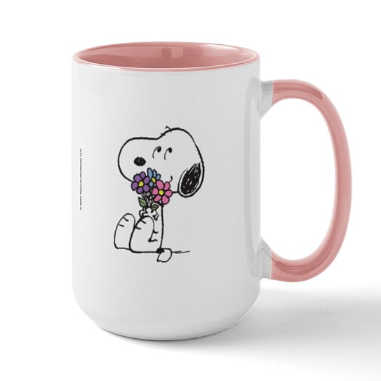 CafePress - Snoopy With A Flower Bouquet 15 Oz Ceramic Large Mug - 15 oz Ceramic Large Novelty Mug