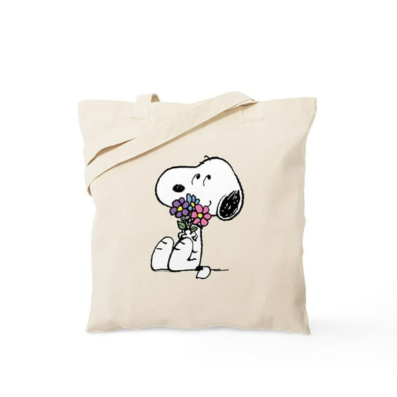 CafePress - Snoopy With A Flower Bouquet - Unisex Canvas Tote Bag, Beige, 1-Piece