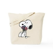 - Snoopy With A Flower Bouquet - Unisex Canvas Tote Bag, Beige, 1-Piece