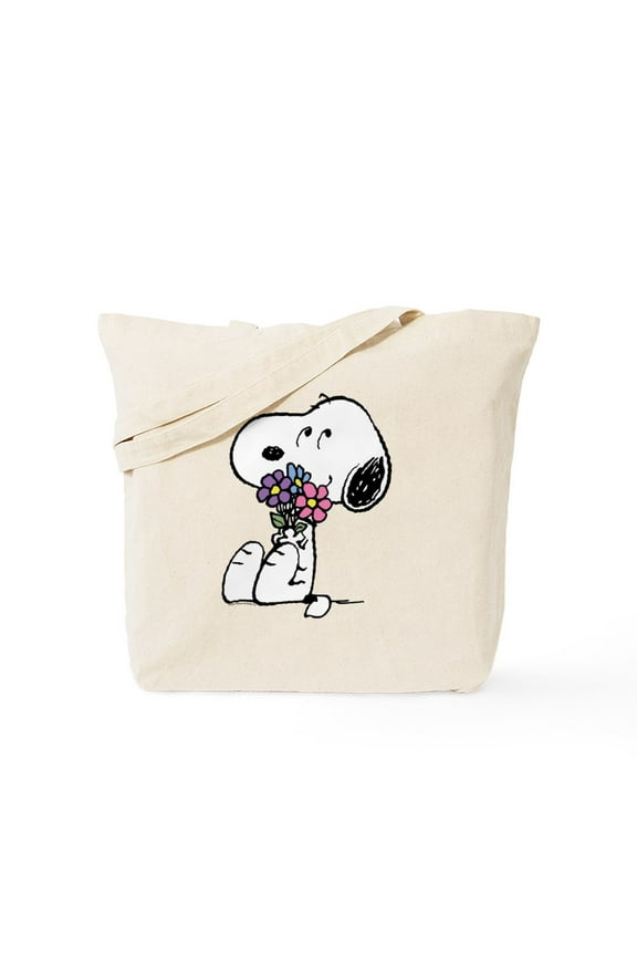 - Snoopy With A Flower Bouquet - Unisex Canvas Tote Bag, Beige, 1-Piece