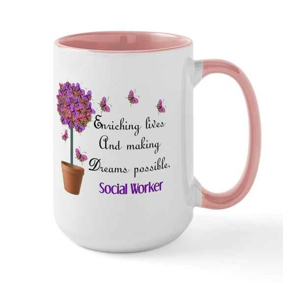 CafePress - Social Worker Butterfly Tree Large Mug - 15 oz Ceramic Large White Novelty Mug