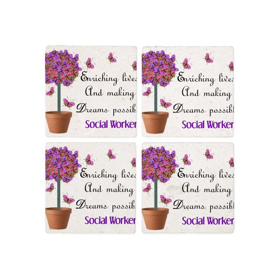 CafePress - Social Worker Butterfly Tree - Tile Coaster, Drink Coaster Set of 4