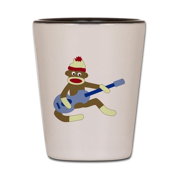 CafePress - Sock Monkey Blue Guitar - White/Black Shot Glass, Unique and Funny Shot Glass