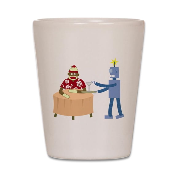 CafePress - Sock Monkey Robot Waiter - White Shot Glass, Unique and Funny Shot Glass