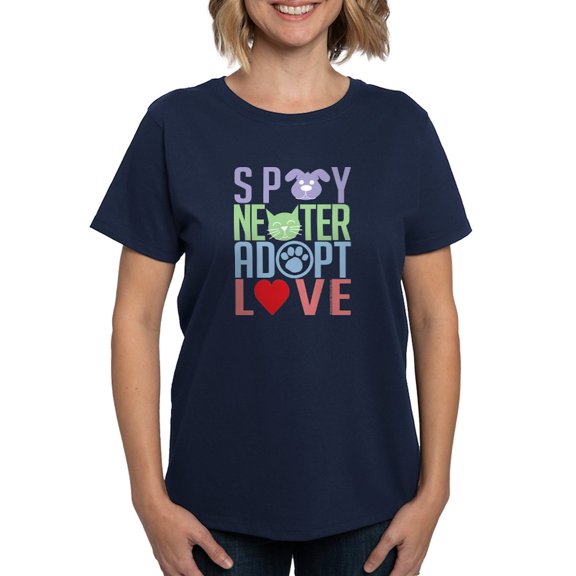 CafePress - Spay Neuter Adopt Love 2 Women's Dark T Shirt - Women's Traditional Fit Dark T-Shirt