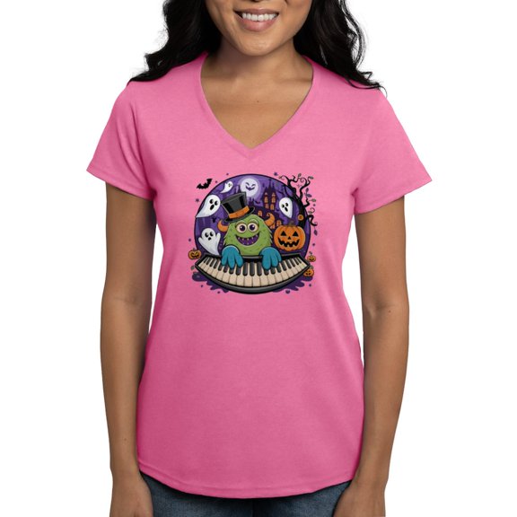 CafePress - Spooky & Fun Whimsical Halloween Cartoon Women's V Neck T Shirt - Women's V-Neck Dark T-Shirt