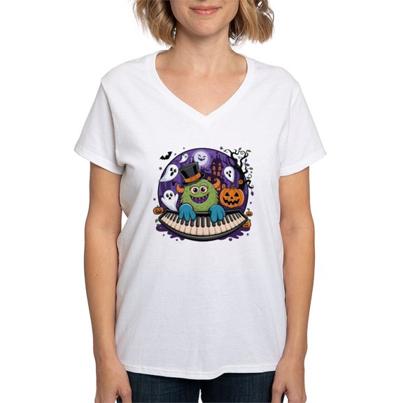CafePress - Spooky & Fun Whimsical Halloween Cartoon Women's V Neck T Shirt - Womens Cotton V-Neck T-shirt