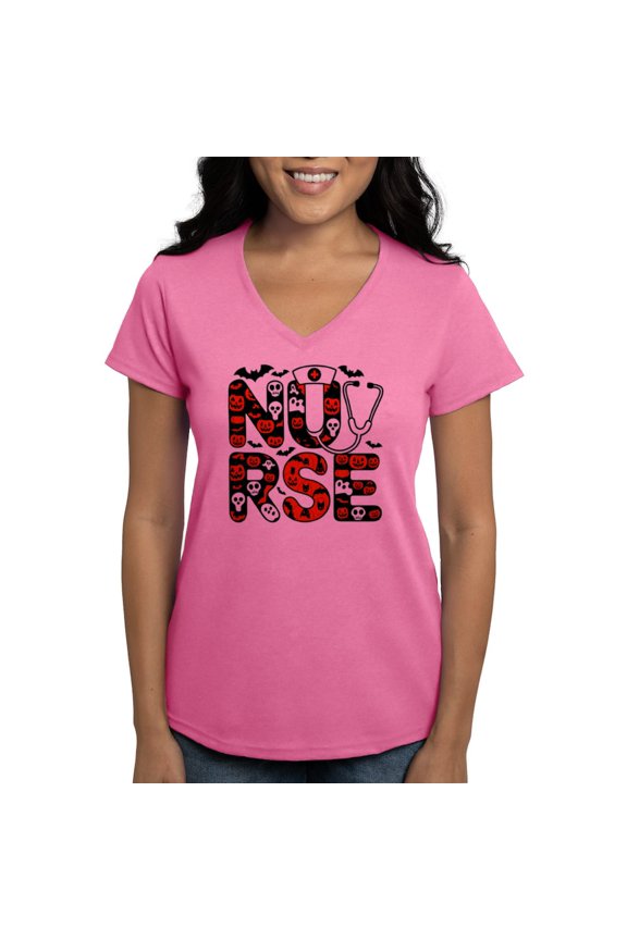 - Spooky Halloween Nurse Women's V Neck T Shirt - Women's V-Neck Dark T-Shirt