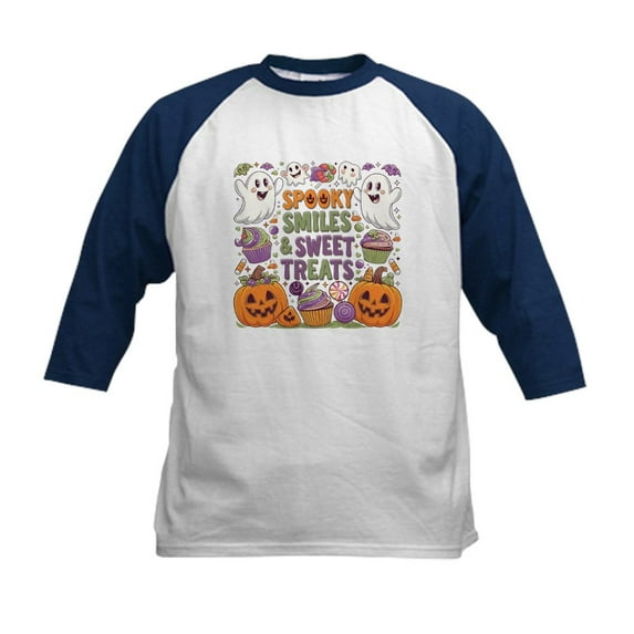 CafePress - Spooky Smiles And Sweet Treats Halloween Design Kids Baseball T Shirt - Kids Cotton Baseball Jersey, 3/4 Sleeve Shirt