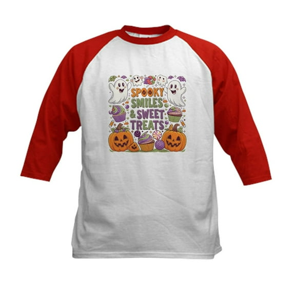 CafePress - Spooky Smiles And Sweet Treats Halloween Design Kids Baseball T Shirt - Kids Cotton Baseball Jersey, 3/4 Sleeve Shirt