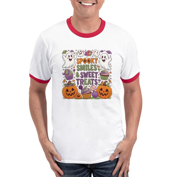 CafePress - Spooky Smiles And Sweet Treats Halloween Design Men's Ringer T Shirt - 100% Cotton Ringed T-Shirt