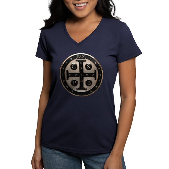 CafePress - St. Benedict Medal T Shirt - Women's V-Neck Dark T-Shirt