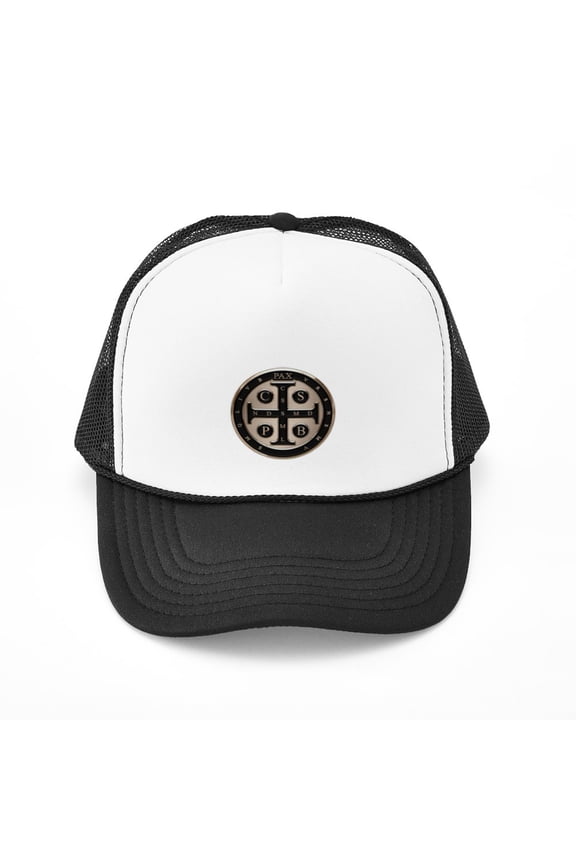 - St. Benedict Medal - Adjustable Unisex Printed Trucker Hat with Mesh Back