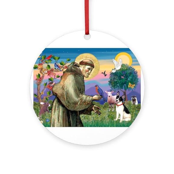 CafePress - St Francis / Rat Terrier - Round Wood Ornament 4"