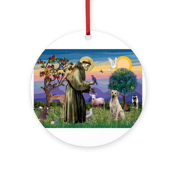 CafePress - St Francis/Yellow Lab -  Round Wood Ornament 4"