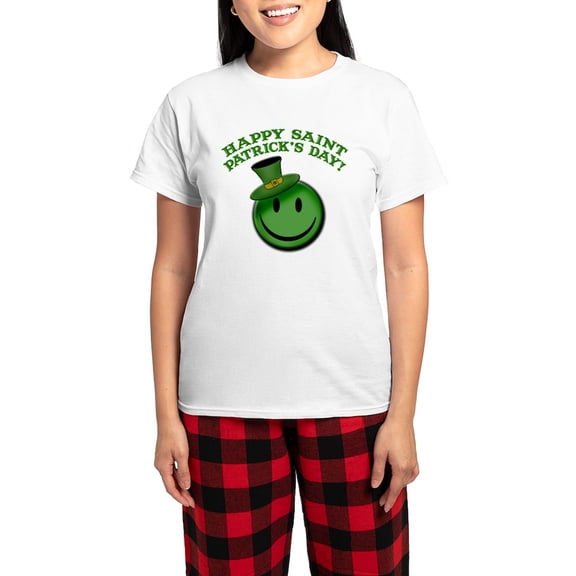CafePress - St. Patrick's Day Happy Face Women's Light Pajamas - Women's Short Sleeve Print T-Shirt and Pants Light Cotton Pajama Set