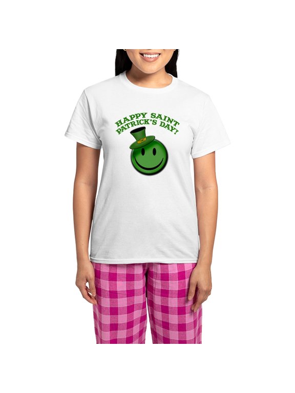 - St. Patrick's Day Happy Face Women's Light Pajamas - Women's Short Sleeve Print T-Shirt and Pants Light Cotton Pajama Set