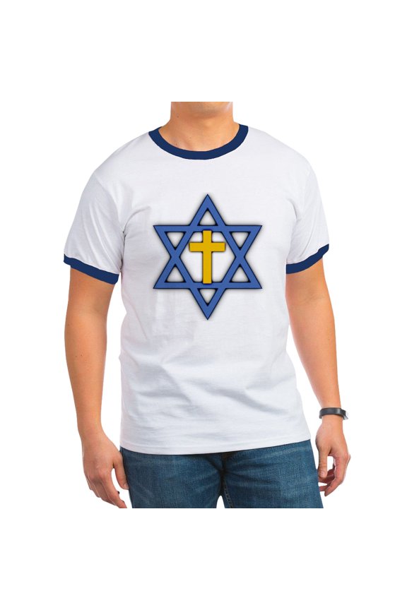- Star Of David With Cross Ringer T - 100% Cotton Ringed T-Shirt